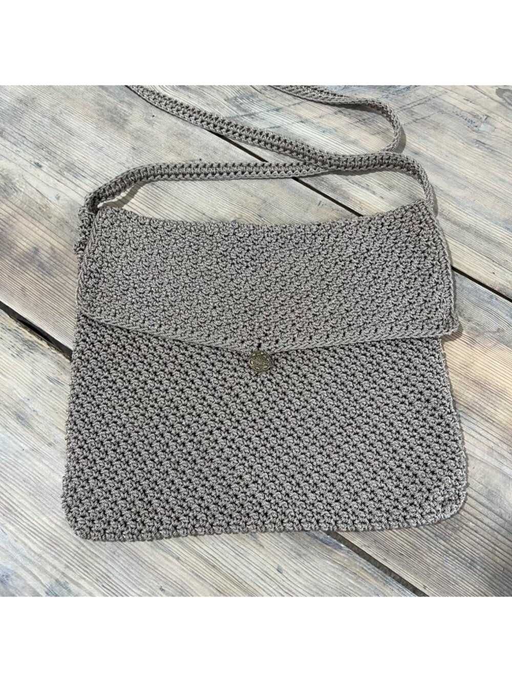 Crochet Crossboy Bag  Square Tan Color Button Closure